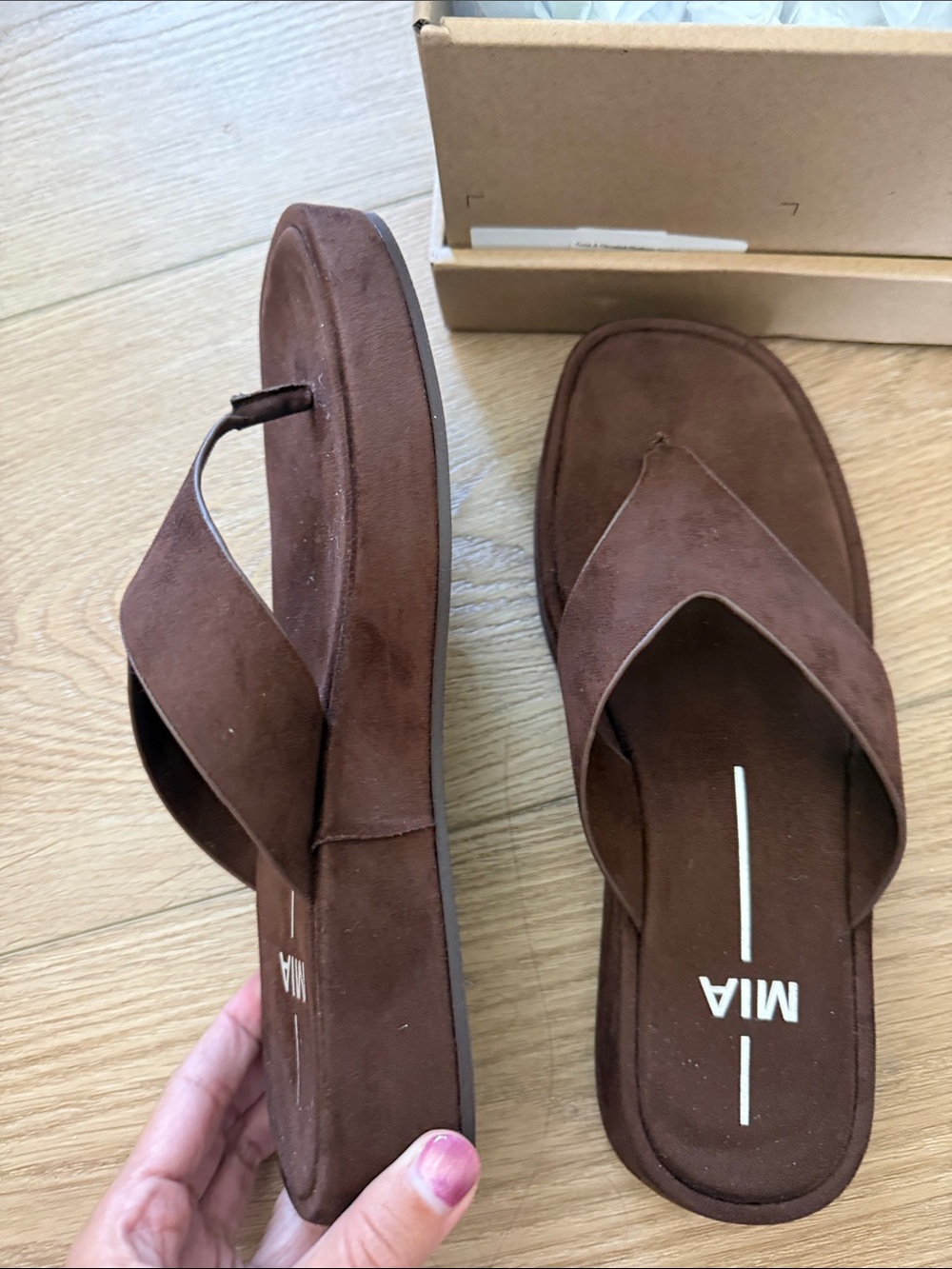 MIA Brown Suede Thong Slide Sandals - Picture 2 of 3
